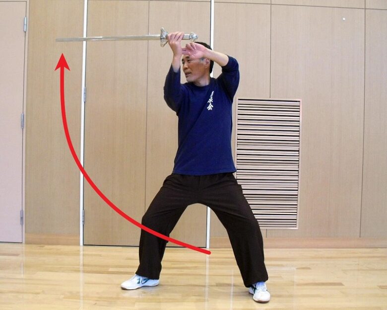 陳式太極剣の撩刀系の技法である倒巻肱の写真